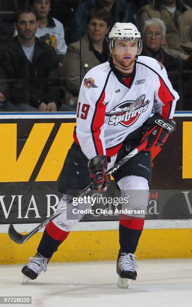 Zack Kassian of the Windsor Spitfires skates in a game against the London Knights on March 12, 2010 at the John Labatt Centre in London, Ontario. The...