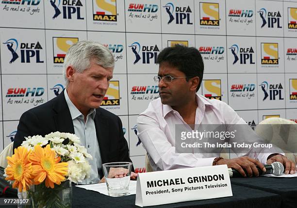 Chairman Lalit Modi along with Michael Grindon, president Sony pictures television at a press conference on Friday, March 12, 2010.
