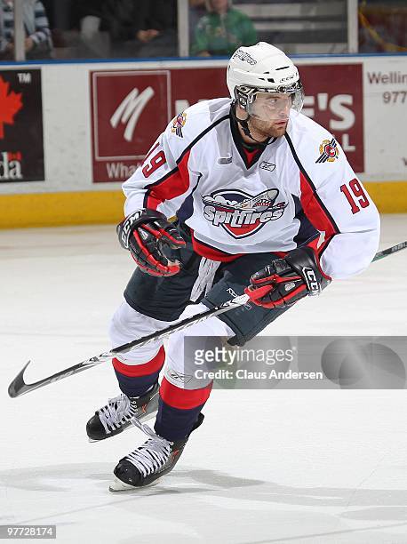 Zack Kassian of the Windsor Spitfires skates in a game against the London Knights on March 12, 2010 at the John Labatt Centre in London, Ontario. The...