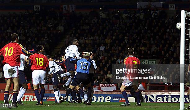 Ugo Ehiogu rises to head home the third goal for England during the England v Spain International Friendly match at Villa Park, Birmingham. DIGITAL...