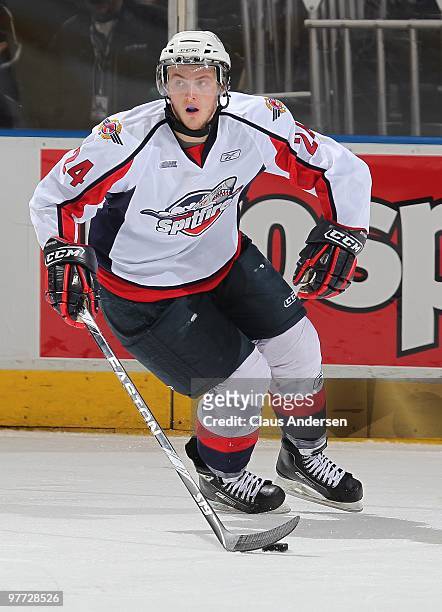 Cam Fowler of the Windsor Spitfires skates with the puck in a game against the London Knights on March 12, 2010 at the John Labatt Centre in London,...