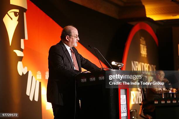 Author Salman Rushdie delivering the keynote address on the first day of the India Today Conclave in New Delhi on Friday.