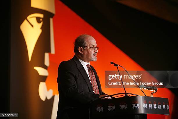 Author Salman Rushdie delivering the keynote address on the first day of the India Today Conclave in New Delhi on Friday.