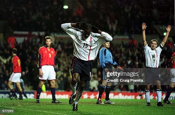 Ugo Ehiogu of England celebrates ater scoring the third goal for England during the England v Spain International Friendly match at Villa Park,...
