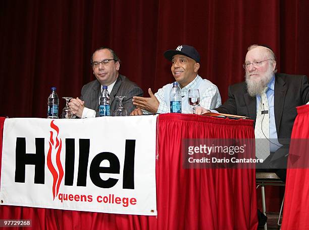 Marc Schneier, Russell Simmons, and the moderator attend a discussion of the relationship between Jewish and Black communities at Goldstein Theater,...