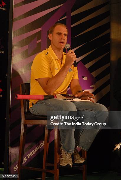 Chennai Superkings player Matthew Hayden addresses the media during the launch of Mongoose bat in Chennai.