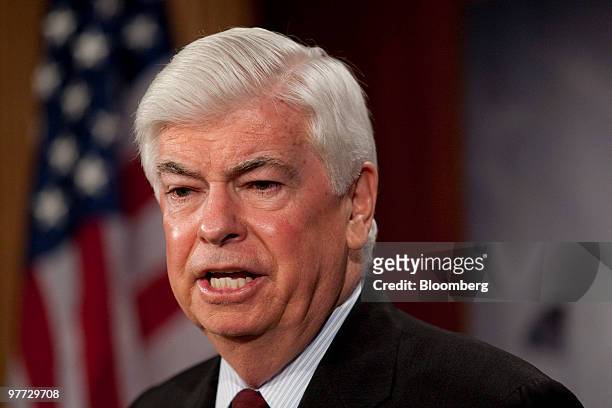 Senator Christopher "Chris" Dodd, a Democrat from Connecticut and chairman of the Senate Banking Committee, speaks during a news conference in...