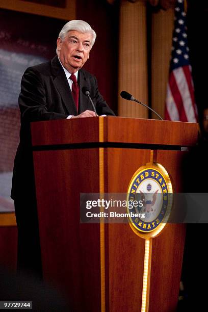 Senator Christopher "Chris" Dodd, a Democrat from Connecticut and chairman of the Senate Banking Committee, speaks during a news conference in...