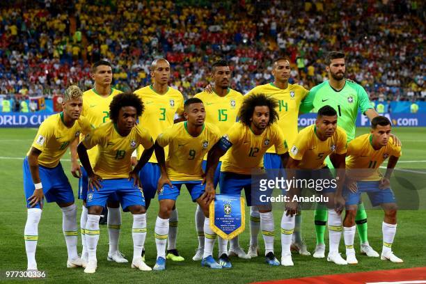 Football players of Brazil pose for a photo ahead of 2018 FIFA World Cup Russia Group E match between Brazil and Switzerland at Rostov Arena in...