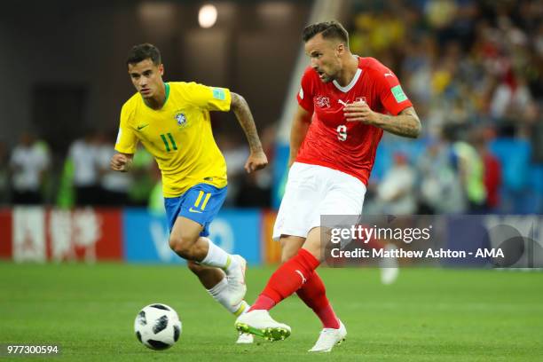 Haris Seferovic of Switzerland in action during the 2018 FIFA World Cup Russia group E match between Brazil and Switzerland at Rostov Arena on June...