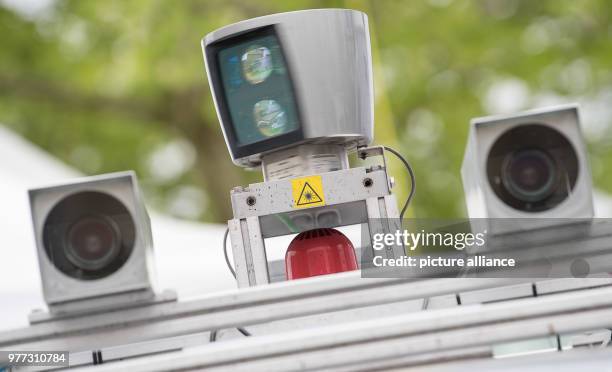 May 2018, Germany, Karlsruhe: A laser sensor for an autonomous vehicle turns during the opening of the 'Testfelds Autonomes Fahren' . The project is...