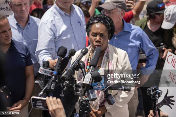 Representative Sheila Jackson Lee, a Democrat from Texas, speaks to members of the media outside a U.S. Border Patrol processing center in McAllen,...