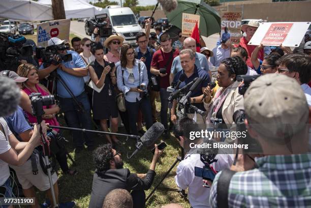 Representative Sheila Jackson Lee, a Democrat from Texas, speaks to members of the media outside a U.S. Border Patrol processing center in McAllen,...