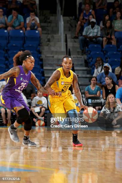 Jamierra Faulkner of the Chicago Sky handles the ball against the Los Angeles Sparks on June 17, 2018 at the Allstate Arena in Rosemont, Illinois....