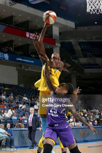 Astou Ndour of the Chicago Sky shoots the ball against the Los Angeles Sparks on June 17, 2018 at the Allstate Arena in Rosemont, Illinois. NOTE TO...