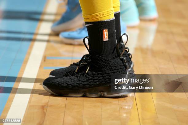 The sneakers of Jantel Lavender of the Los Angeles Sparks are seen during the game against the Chicago Sky on June 17, 2018 at the Allstate Arena in...