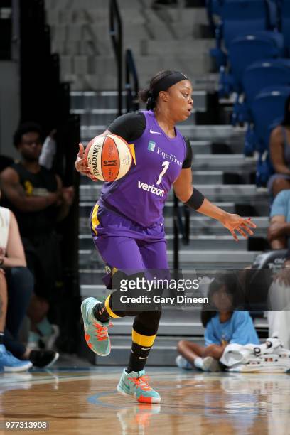 Odyssey Sims of the Los Angeles Sparks handles the ball against the Chicago Sky on June 17, 2018 at the Allstate Arena in Rosemont, Illinois. NOTE TO...