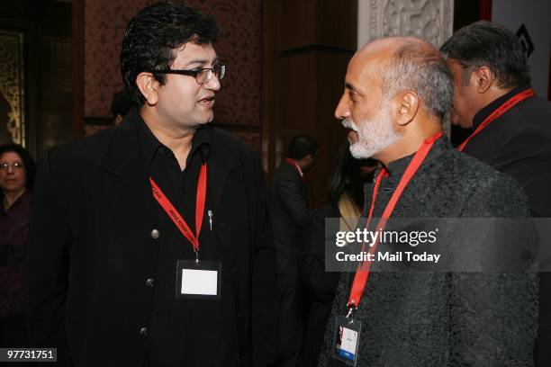 Ad guru and lyricist Prasoon Joshi with Aman Nath of Neemrana hotels at the dinner party hosted after the India Today Conclave ended in New Delhi on...