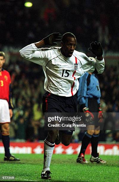Ugo Ehiogu celebrates after scoring the third goal for England during the England v Spain International Friendly match at Villa Park, Birmingham....