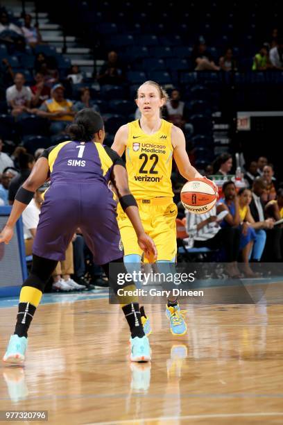 Courtney Vandersloot of the Chicago Sky handles the ball against the Los Angeles Sparks on June 17, 2018 at the Allstate Arena in Rosemont, Illinois....