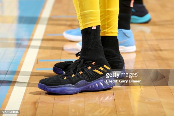 The sneakers of Candace Parker of the Los Angeles Sparks are seen during the game against the Chicago Sky on June 17, 2018 at the Allstate Arena in...