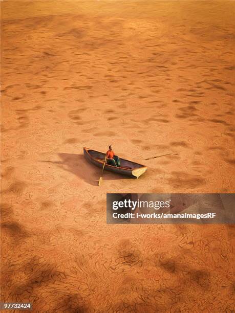 male figurine in a boat on a dry land - out of context stock illustrations