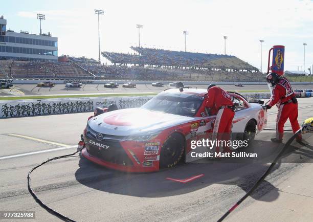 Christopher Bell, driver of the Rheem Toyota, pits during the NASCAR Xfinity Series Iowa 250 presented by Enogen at Iowa Speedway on June 17, 2018 in...