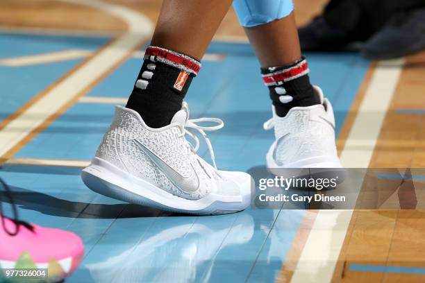 The sneakers of Diamond DeShields of the Chicago Sky are seen during the game against the Los Angeles Sparks on June 17, 2018 at the Allstate Arena...