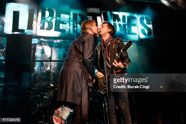 Pete Doherty and Carl Barat of The Libertines perform at Robert Smith's Meltdown festival at The Royal Festival Hall on June 17, 2018 in London,...