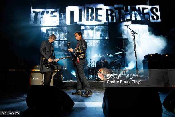 Pete Doherty and Carl Barat of The Libertines perform at Robert Smith's Meltdown festival at The Royal Festival Hall on June 17, 2018 in London,...