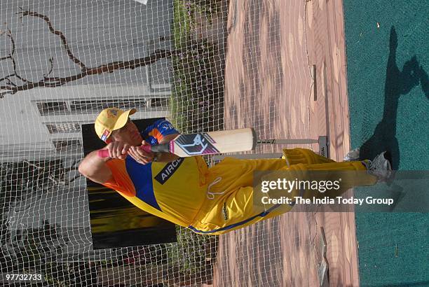 Matthew Hayden tries out the Mongoose bat at the nets during the launch of Mongoose bat in Chennai.
