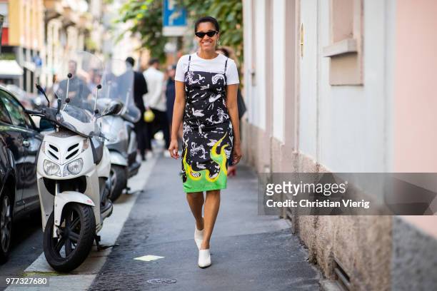 Tamu McPherson wearing a dress is seen outside Santoni during Milan Men's Fashion Week Spring/Summer 2019 on June 17, 2018 in Milan, Italy.