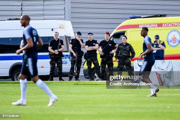 Security during Team France training session ahead of the FIFA World Cup 2018 on June 17, 2018 in Istra, Russia.