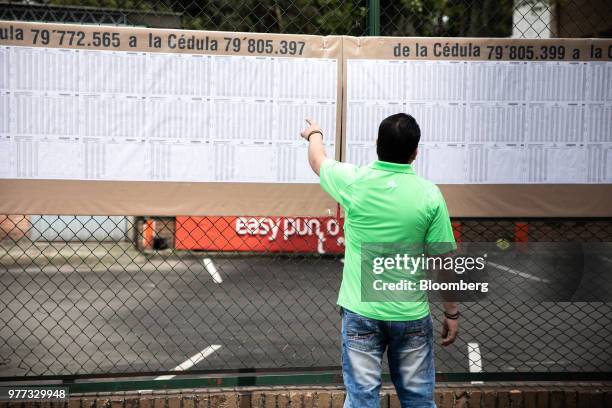 Voter checks a registration list outside the Corferias polling station during the second round of presidential elections in Bogota, Colombia, on...