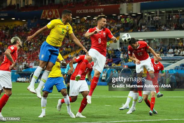 Fabian Schaer of Switzerland wins the ball during the 2018 FIFA World Cup Russia group E match between Brazil and Switzerland at Rostov Arena on June...