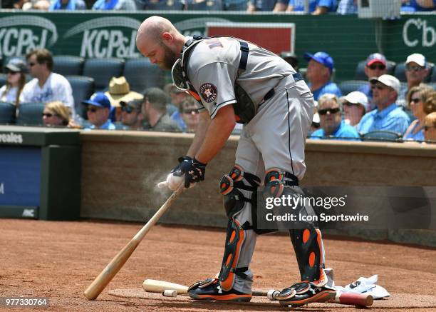 Houston Astros catcher Brian McCann gets himself ready to bat in the on deck circle during a Major League Baseball game between the Houston Astros...