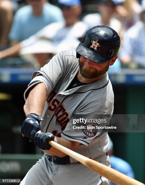 Houston Astros catcher Brian McCann singles in the second inning during a Major League Baseball game between the Houston Astros and the Kansas City...
