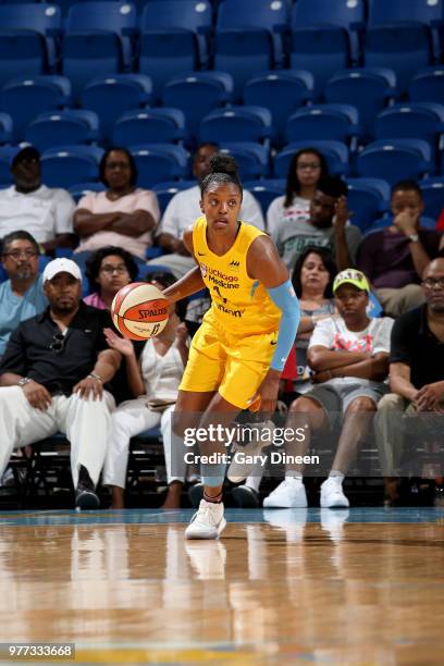 Diamond DeShields of the Chicago Sky handles the ball against the Los Angeles Sparks on June 17, 2018 at the Allstate Arena in Rosemont, Illinois....