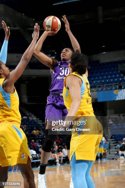 Nneka Ogwumike of the Los Angeles Sparks shoots the ball against the Chicago Sky on June 17, 2018 at the Allstate Arena in Rosemont, Illinois. NOTE...