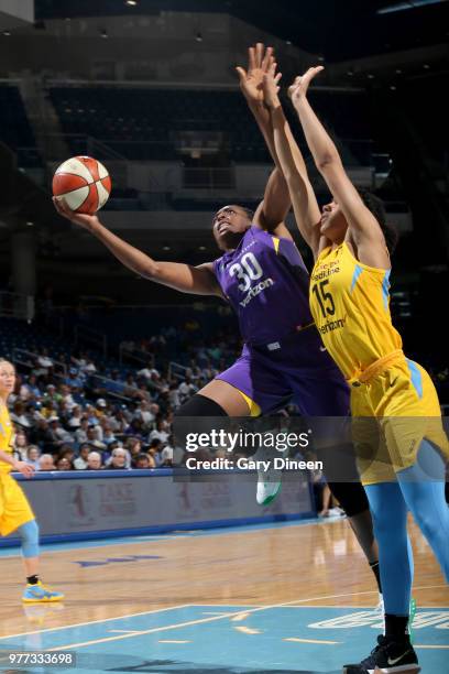 Nneka Ogwumike of the Los Angeles Sparks shoots the ball against the Chicago Sky on June 17, 2018 at the Allstate Arena in Rosemont, Illinois. NOTE...