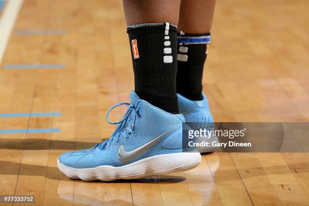 The sneakers of Cheyenne Parker of the Chicago Sky are seen during the game against the Los Angeles Sparks on June 17, 2018 at the Allstate Arena in...