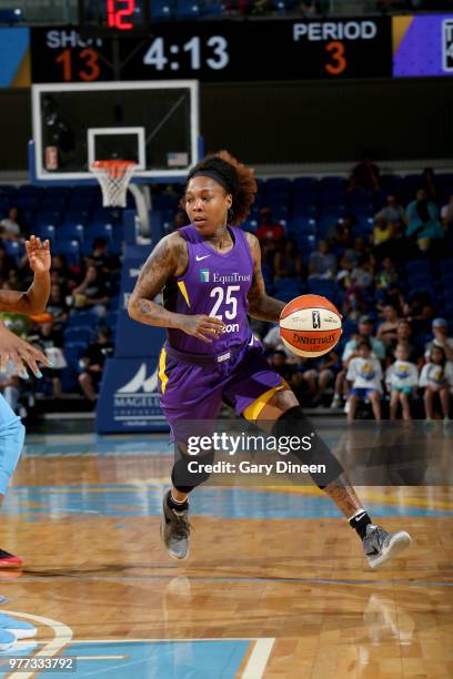 Cappie Pondexter of the Los Angeles Sparks handles the ball against the Chicago Sky on June 17, 2018 at the Allstate Arena in Rosemont, Illinois....