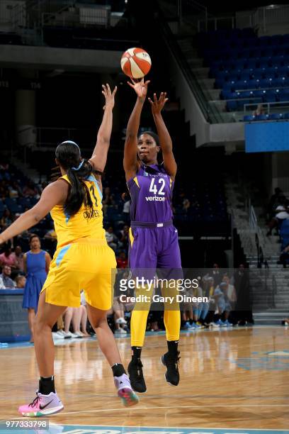 Jantel Lavender of the Los Angeles Sparks shoots the ball against the Chicago Sky on June 17, 2018 at the Allstate Arena in Rosemont, Illinois. NOTE...