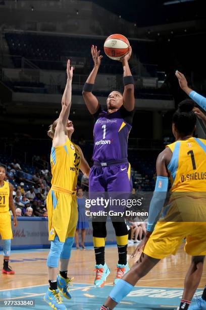 Odyssey Sims of the Los Angeles Sparks shoots the ball against the Chicago Sky on June 17, 2018 at the Allstate Arena in Rosemont, Illinois. NOTE TO...