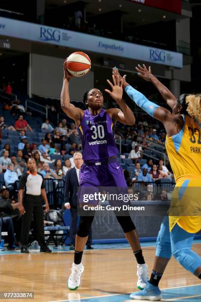 Nneka Ogwumike of the Los Angeles Sparks shoots the ball against the Chicago Sky on June 17, 2018 at the Allstate Arena in Rosemont, Illinois. NOTE...