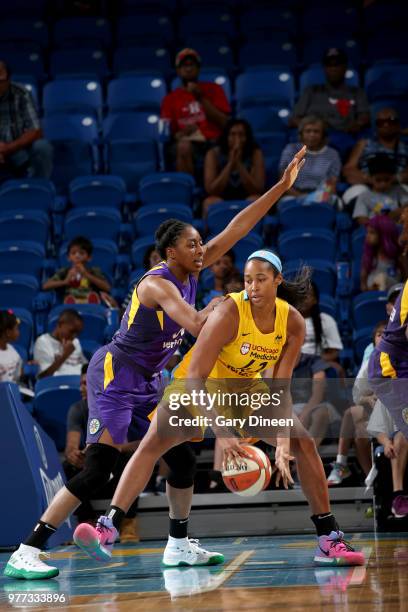 Alaina Coates of the Chicago Sky handles the ball against the Los Angeles Sparks on June 17, 2018 at the Allstate Arena in Rosemont, Illinois. NOTE...