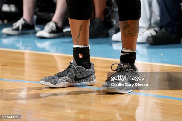 The sneakers of Cappie Pondexter of the Los Angeles Sparks are seen during the game against the Chicago Sky on June 17, 2018 at the Allstate Arena in...