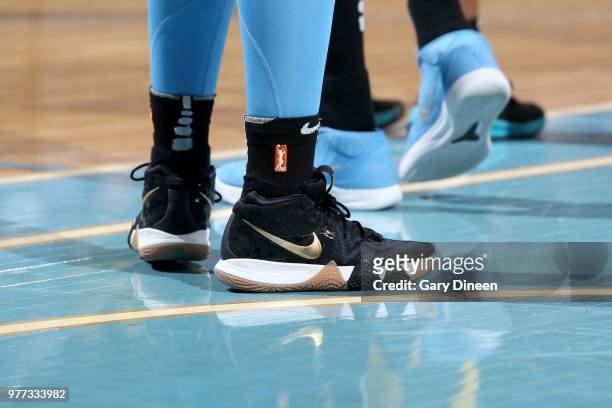 The sneakers of Gabby Williams of the Chicago Sky are seen during the game against the Los Angeles Sparks on June 17, 2018 at the Allstate Arena in...