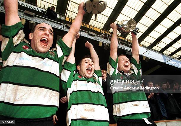 Captain Stuart Lock of the University of Exeter lifts the trophy after their victory during the match between the University of Exeter andthe...