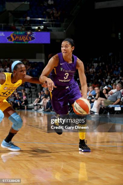 Candace Parker of the Los Angeles Sparks handles the ball against the Chicago Sky on June 17, 2018 at the Allstate Arena in Rosemont, Illinois. NOTE...